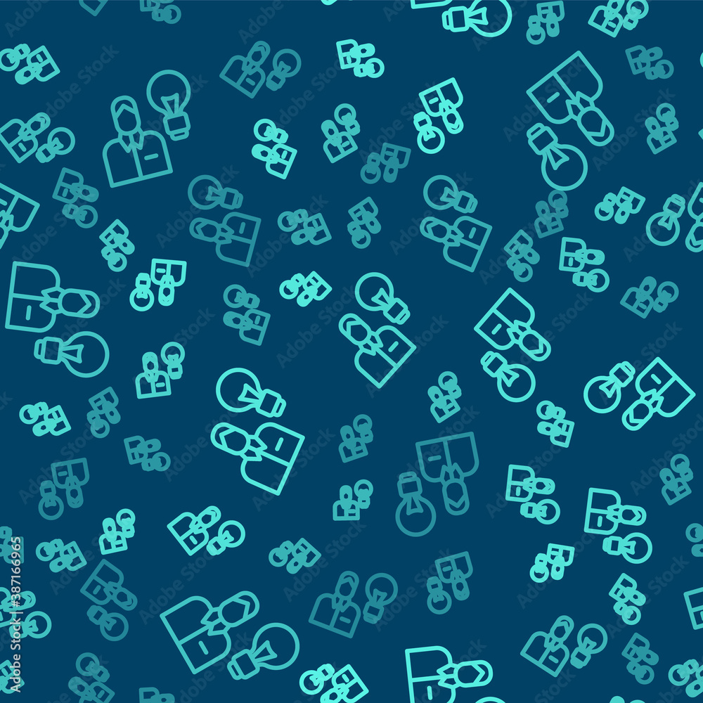 Green line Human with lamp bulb icon isolated seamless pattern on blue background. Concept of idea. Vector. Green line Human with lamp bulb icon isolated seamless pattern on blue background. Concept of idea. Vector.