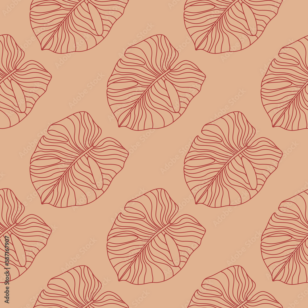 Hand drawn simple monstera seamless doodle pattern. Stylized outline exotic foliage artwork in pale maroon tones. Hand drawn simple monstera seamless doodle pattern. Stylized outline exotic foliage artwork in pale maroon tones.