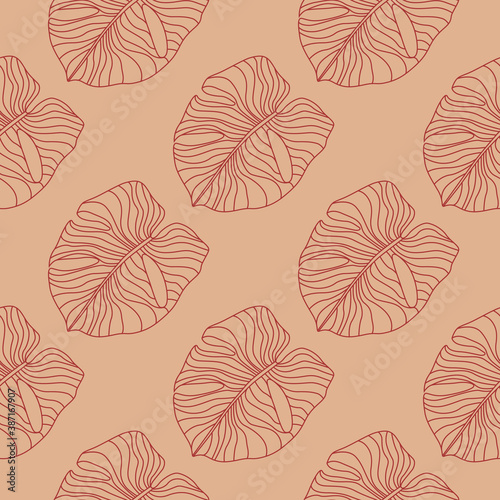 Hand drawn simple monstera seamless doodle pattern. Stylized outline exotic foliage artwork in pale maroon tones.