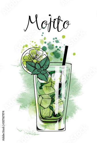 Mojito. Cocktails banner. Watercolor vector cocktails.  photo