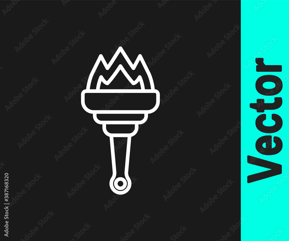 White line Torch flame icon isolated on black background. Symbol fire hot, flame power, flaming and heat. Vector. White line Torch flame icon isolated on black background. Symbol fire hot, flame power, flaming and heat. Vector.