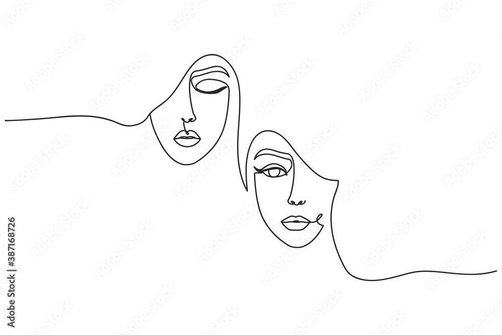 Modern continuous art with women's faces for poster, card, leaflet, print etc. Fashion women one line vector illustration. Friendship, sisterhood or feminism concept where women support women. Modern continuous art with women's faces for poster, card, leaflet, print etc. Fashion women one line vector illustration. Friendship, sisterhood or feminism concept where women support women.