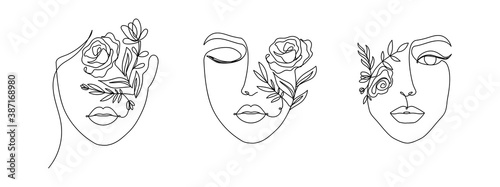 Canvas Print Women's faces in one line art style with flowers and leaves