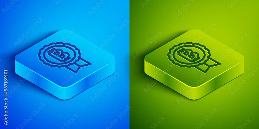 Isometric line Cryptocurrency coin Bitcoin icon isolated on blue and green background. Physical bit coin. Blockchain based secure crypto currency. Square button. Vector. Isometric line Cryptocurrency coin Bitcoin icon isolated on blue and green background. Physical bit coin. Blockchain based secure crypto currency. Square button. Vector.