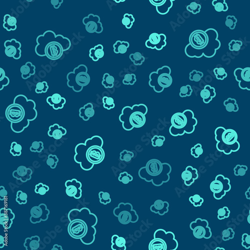 Green line Cryptocurrency cloud mining icon isolated seamless pattern on blue background. Blockchain technology, bitcoin, digital money market, cryptocoin wallet. Vector.