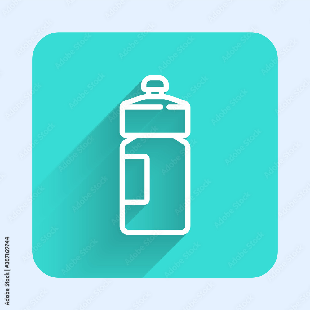 White line Fitness shaker icon isolated with long shadow. Sports shaker bottle with lid for water and protein cocktails. Green square button. Vector. White line Fitness shaker icon isolated with long shadow. Sports shaker bottle with lid for water and protein cocktails. Green square button. Vector.