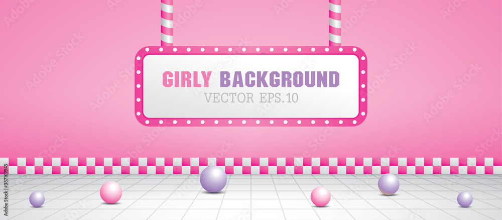 Girly pink scene with light bulb in retro style 3D illustration vector. 