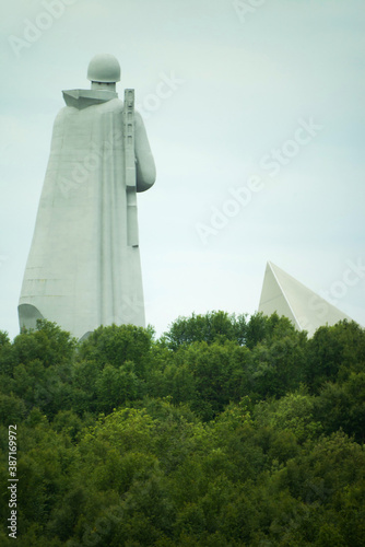 Murmansk, Russia View of the defenders of the Soviet monument of the Arctic Alyosha in Murmansk on a foggy day photo