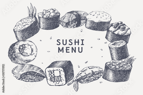 Big set of hand-drawn sushi and rolls on isolated background. Sushi with shrimp, flying fish roe, vegetables. Retro picture for menu of sushi bars, restaurants. Vector illustration in engraving style.