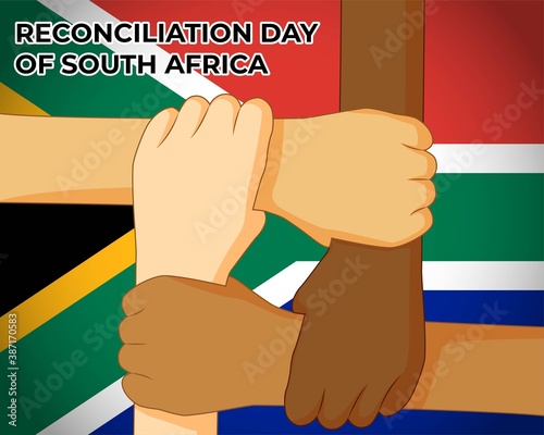 Vector banner of South Africa Reconciliation Day, 16 December, South Africa flag, people holding hands, flat illustration concept poster.