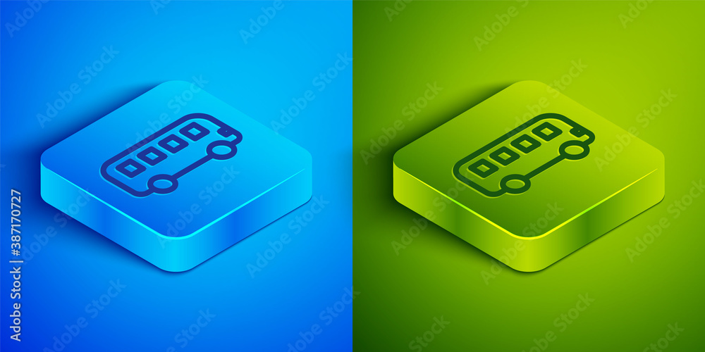 Isometric line Bus toy icon isolated on blue and green background. Square button. Vector. Isometric line Bus toy icon isolated on blue and green background. Square button. Vector.