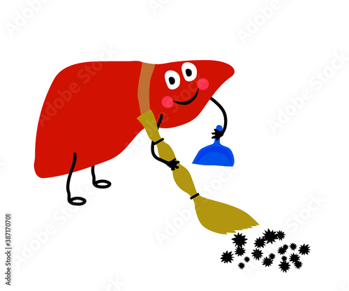 The liver expels toxins from the body. Cartoon. Vector illustration.