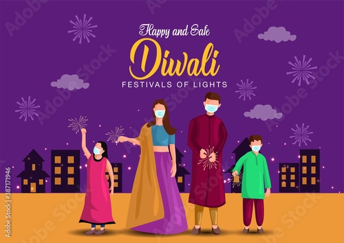 vector illustration of Hindu family celebrating on Happy Diwali Indian holiday background. covid 19, corona virus concept