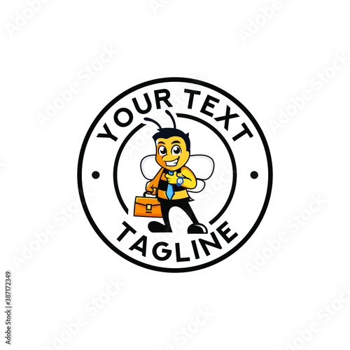 Business cartoon bee with tie on and briefcase character mascot logo Premium Vector