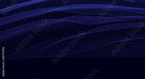 Water Surface. Wavy Grid Vector Background on dark blue