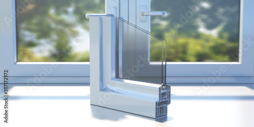 PVC aluminum profile frame double glazing cross section on a closed window sill. 3D illustration photo