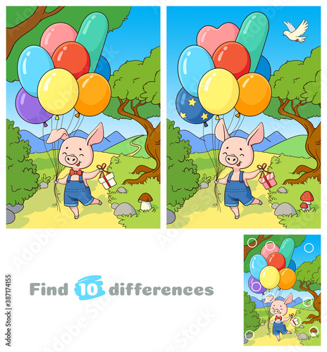  Сute little pig with balloons and a gift. Find 10 differences. Educational game for children. Cartoon vector illustration.