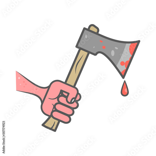 A hand holds a bloody axe. Flat style illustration. Isolated on white background. 