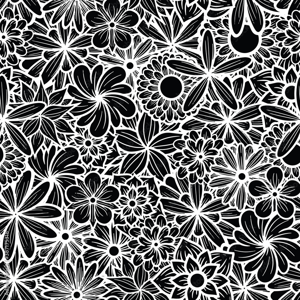 Fototapeta premium Hand Drawn Flowers Line Art Seamless Surface Pattern Design 