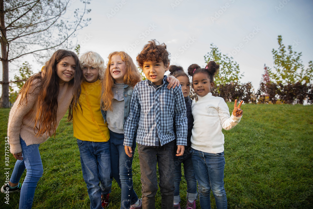 Fototapeta premium Togetherness. Interracial group of kids, girls and boys playing together at the park in summer day. Friendship has no race. Happiness, childhood, education, diversity concept. Look happy and sincere.