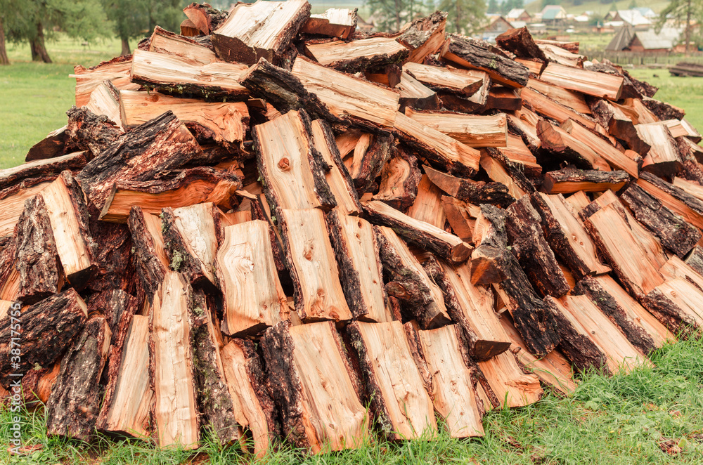 Firewood is stacked in autumn. Chopped pile of wood. Lots of wood from logs. Preparation of firewood for the winter. background texture pattern with stacked dry chopped firewood. Trees in the sawmill Firewood is stacked in autumn. Chopped pile of wood. Lots of wood from logs. Preparation of firewood for the winter. background texture pattern with stacked dry chopped firewood. Trees in the sawmill