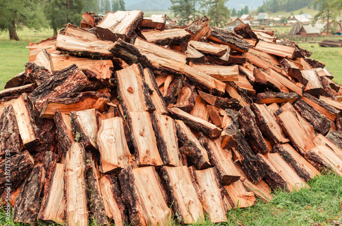 Firewood is stacked in autumn. Chopped pile of wood. Lots of wood from logs. Preparation of firewood for the winter. background texture pattern with stacked dry chopped firewood. Trees in the sawmill