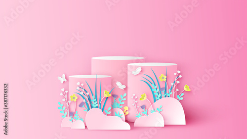 Spring circle stage podium scene decorated with flower, leaves, grass and butterfly flying Spring stage podium. Paper cut and craft style. vector, illustration.