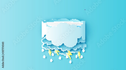 Circle stage podium scene in the rainy season decorated with cloudy, lightning and raindrops. paper cut and craft style. vector, illustration.