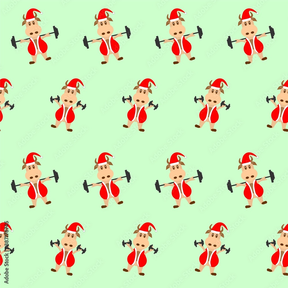 Fototapeta premium Seamless pattern of vector images of a bull in a santa claus costume. The bull goes in for sports and holds weights, dumbbells and a barbell on his shoulders. Vector illustration