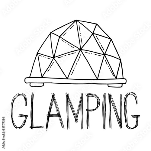 Bungalow. Vector illustration in doodle style. Outdoor goods and glamping. Use for label and logo. Eps 10.