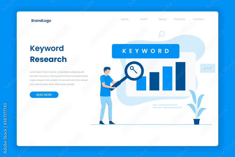 Keyword research tool landing page. Illustration for websites, landing pages, mobile applications, posters and banners.