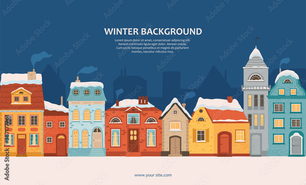 Winter night city in retro style. Christmas background with houses with space for text. Cozy town in a flat style. Cartoon vector illustration.