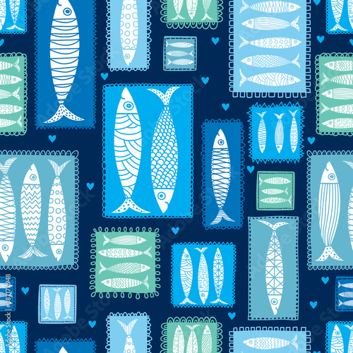 Cute fish.  Kids background with sardines. Seamless pattern. Sardines. Can be used in textile industry, paper, background, scrapbooking.