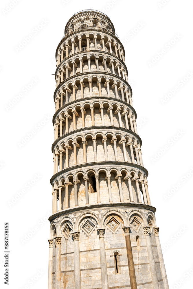 Leaning Tower of Pisa isolated on white Background, Piazza dei Miracoli (Square of Miracles), UNESCO world heritage site, Tuscany, Italy, Europe. 