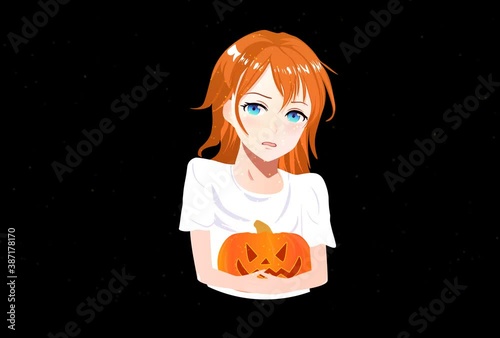 Girl holding a pumpkin. Halloween witch.
Anime girl face. Japan style. Eyes, hair animation. Beautiful cartoon emotional eyes. Joy. Anger. Calmness. Drawn illustration. Sketch. Black Background. 4K