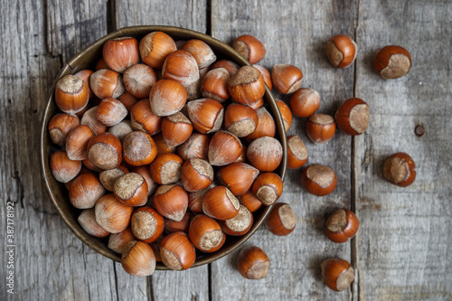 hazelnuts on wooden table