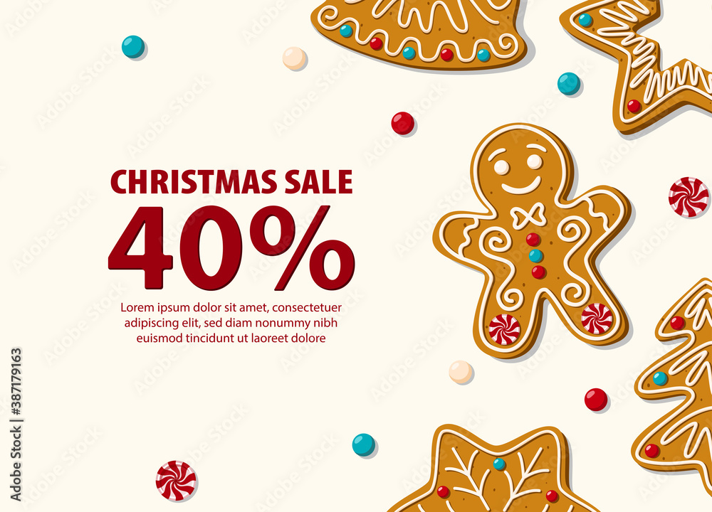 Christmas sale banner with gingerbread cookies. Vector illustration