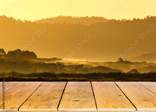 Plank floor with beautiful mountain view in front