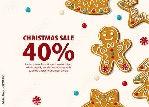 Christmas sale banner with gingerbread cookies. Vector illustration