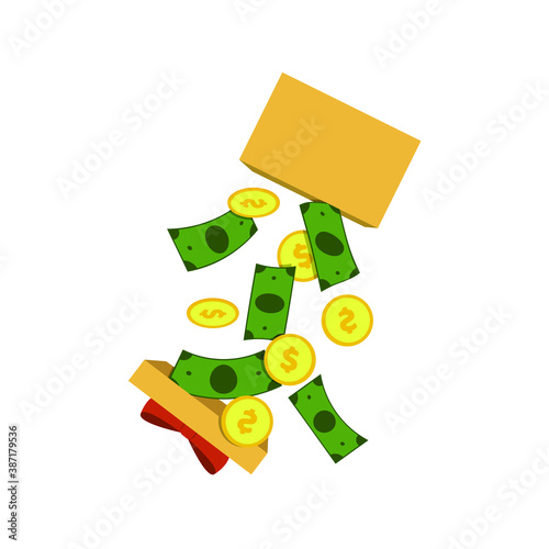 The money from the gift box falls down. Vector illustration, flat cartoon color design, isolated on white background, eps 10. Concept: winning, cash prize.
