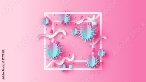 Coronavirus COVID-19 under the microscope floating around inside square frame with blank space. paper cut and craft style. vector, illustration.