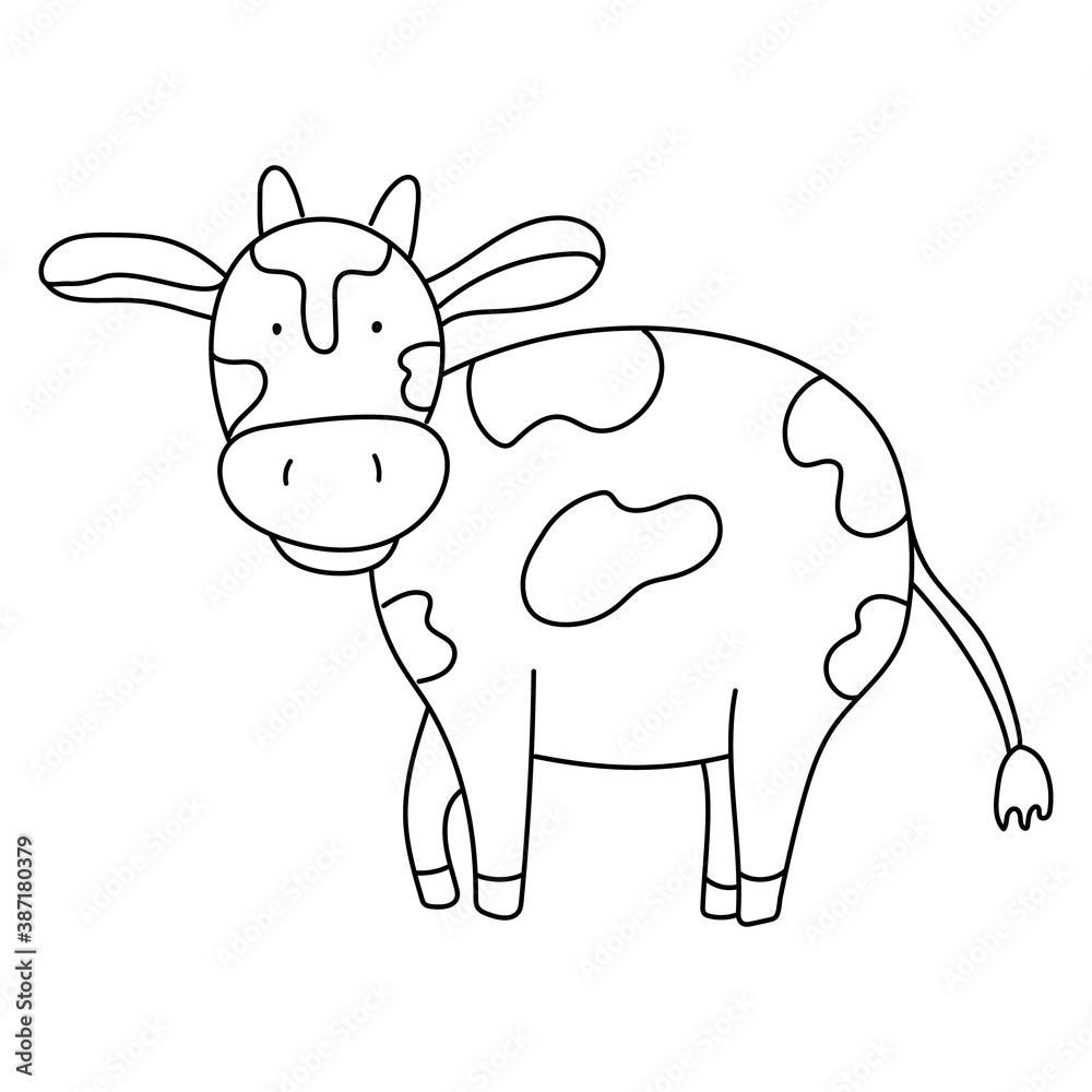 Cute little bull in doodle sketch style. Black outline. Year of ox. Hand drawn vector cartoon illustration isolated on white.