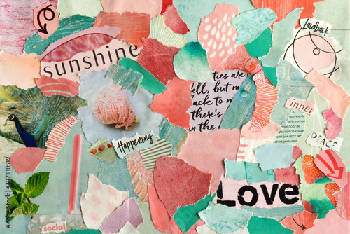 Atmosphere mood board collage sheet made of waste paper in pink and turquoise colors with summer love concept results modern art