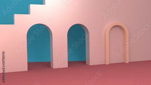 3d render, abstract geometric background, arch mock up, stairs, fashion podium, blank template, minimalistic empty showcase, primitive arch shapes,