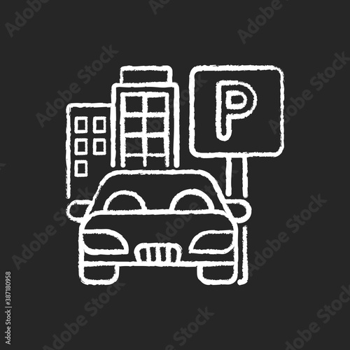 Parking spot chalk white icon on black background. Lot for automobiles near home. Space for car near residential building. Garage area service. Isolated vector chalkboard illustration