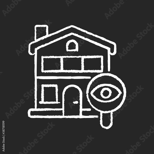 Home tour chalk white icon on black background. Search for housing. Look for home. Residential property. Discover real estate. Potential accommodation. Isolated vector chalkboard illustration