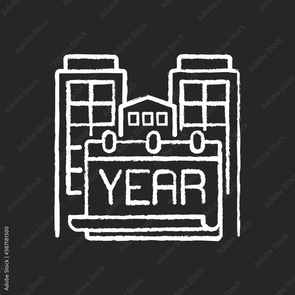 Year built chalk white icon on black background. Engineering plan for structure. Building time of house. Residential home. Accommodation development. Isolated vector chalkboard illustration Year built chalk white icon on black background. Engineering plan for structure. Building time of house. Residential home. Accommodation development. Isolated vector chalkboard illustration