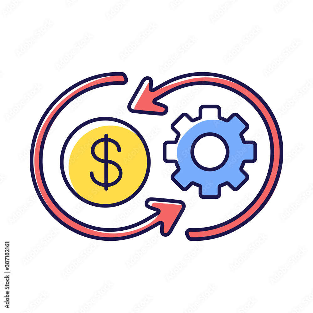 Cost synergy RGB color icon. Business financial operation. Enterprise profit. Work value. Plan marketing strategy. Company revenue. Operation and performance. Isolated vector illustration Cost synergy RGB color icon. Business financial operation. Enterprise profit. Work value. Plan marketing strategy. Company revenue. Operation and performance. Isolated vector illustration