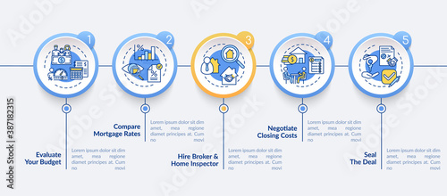 Homebuying advices vector infographic template. Home inspector, seal deal presentation design elements. Data visualization with 5 steps. Process timeline chart. Workflow layout with linear icons