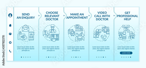 Telemedical consultation steps onboarding vector template. Video call with doctor. Get professional help. Responsive mobile website with icons. Webpage walkthrough step screens. RGB color concept